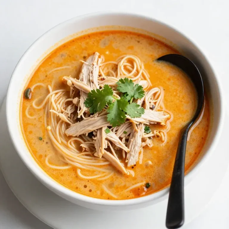 Easy Thai Chicken Soup Recipe A bowl of homemade Thai chicken soup garnished with fresh cilantro and lime wedges.