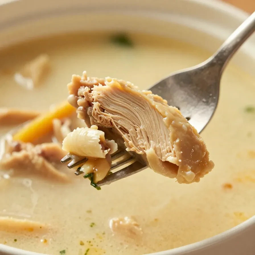 A bowl of homemade Thai chicken soup garnished with fresh cilantro and lime wedges.