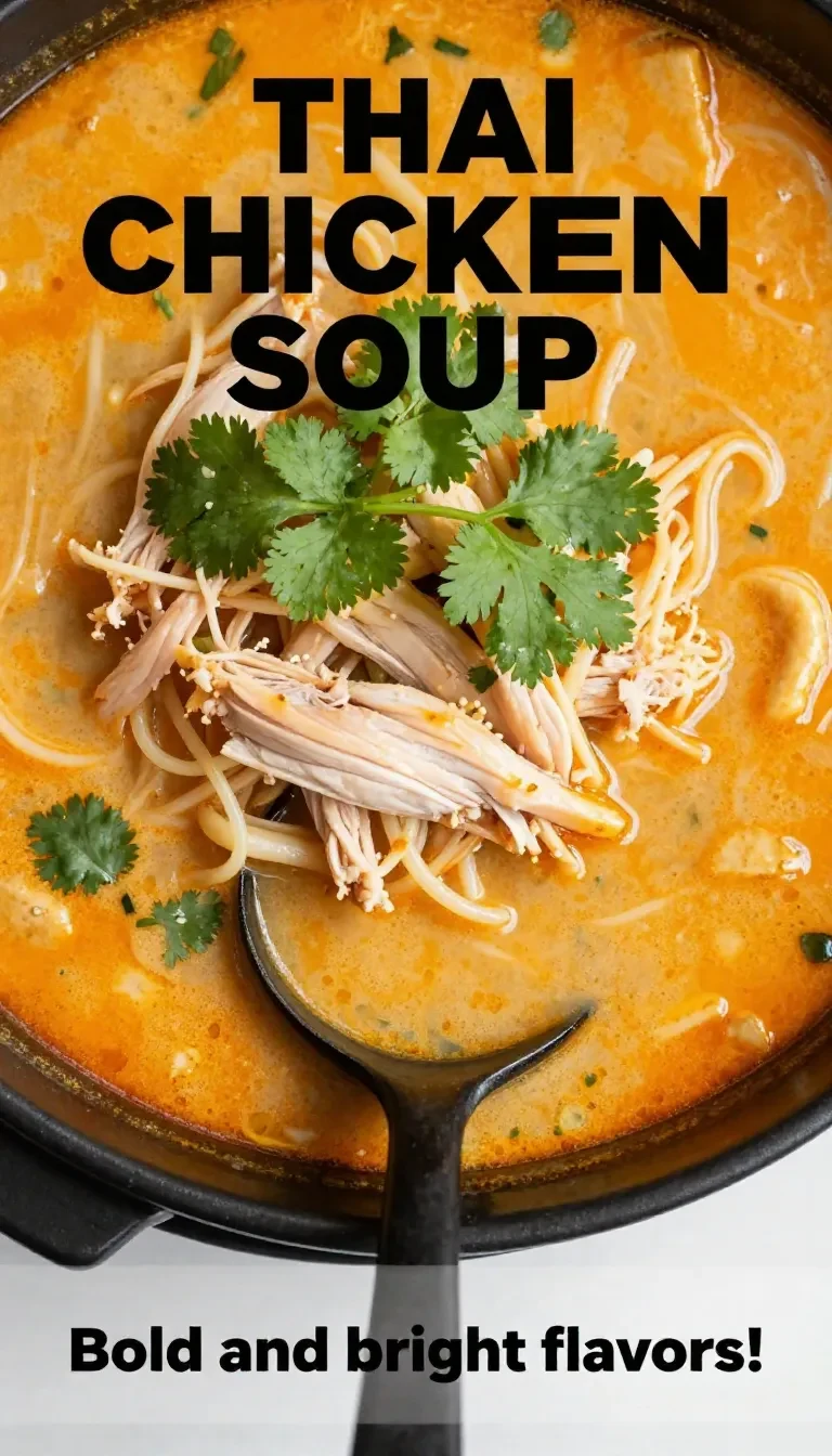 A bowl of homemade Thai chicken soup garnished with fresh cilantro and lime wedges.