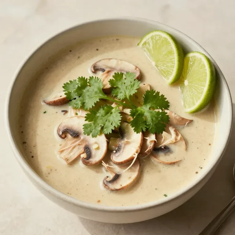 Slow Cooker Tom Kha Soup A bowl of homemade Thai Tom Kha Soup served with fresh cilantro and lime wedges.
