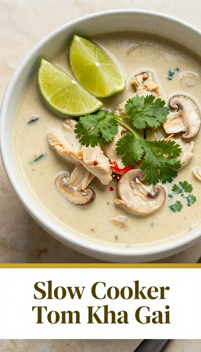 A bowl of homemade Thai Tom Kha Soup served with fresh cilantro and lime wedges.