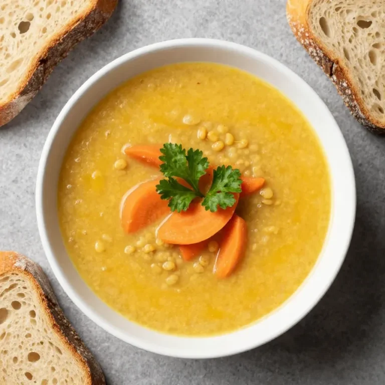 Crock Pot Lentil Soup With Kielbasa A bowl of hearty lentil soup with sliced kielbasa served on a wooden table.