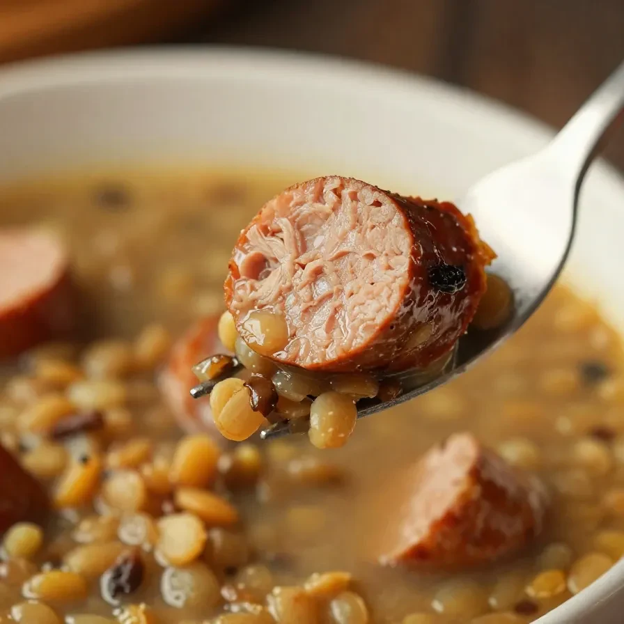 A bowl of hearty lentil soup with sliced kielbasa served on a wooden table.