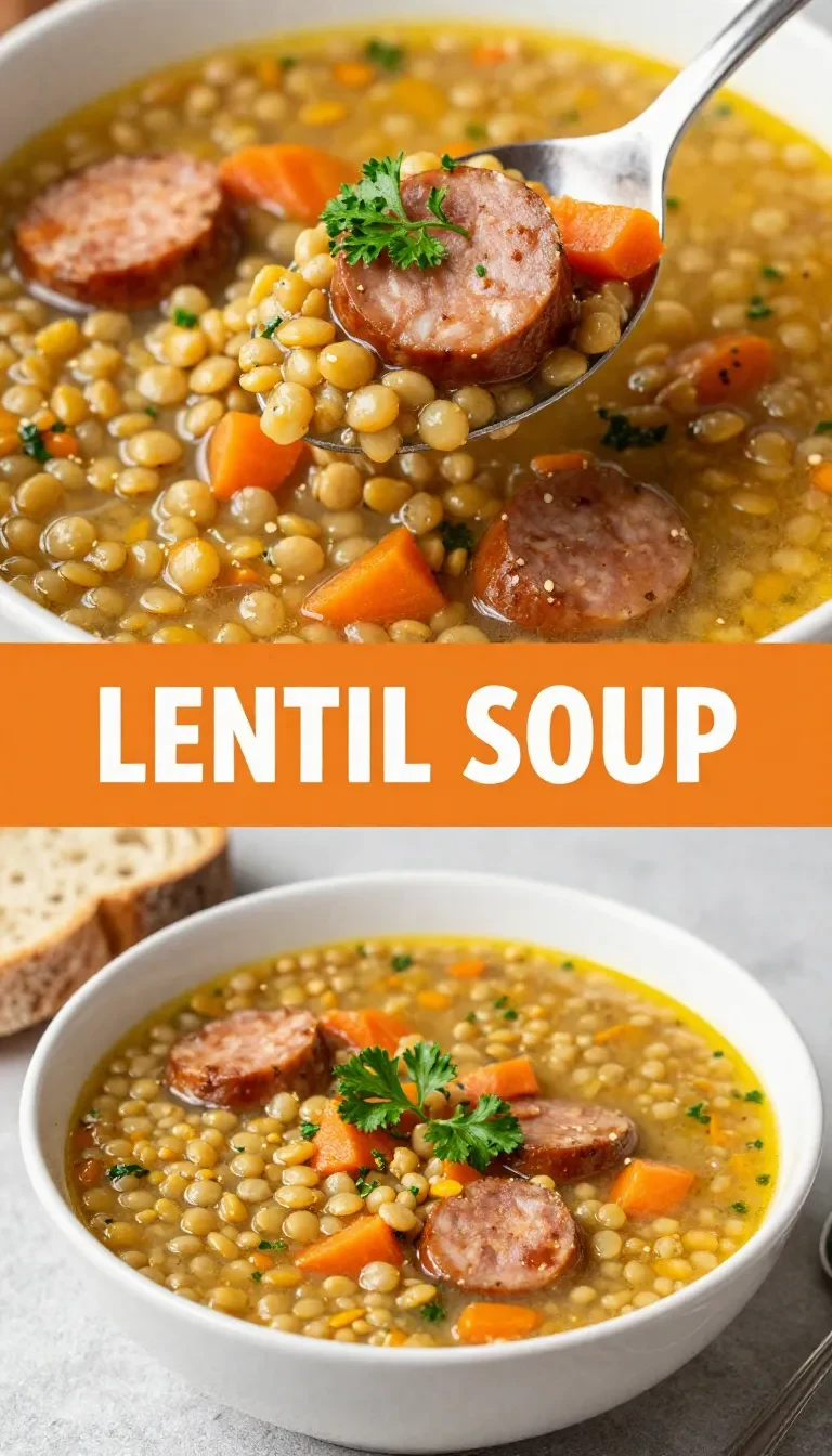 A bowl of hearty lentil soup with sliced kielbasa served on a wooden table.