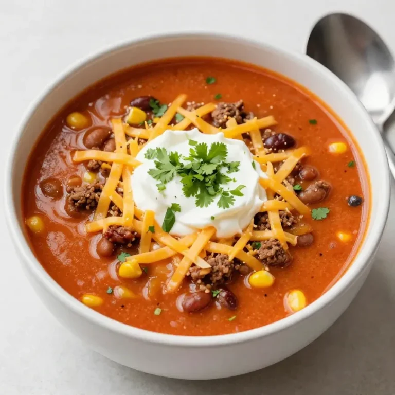 Hearty Taco Soup Recipe A bowl of hearty taco soup topped with shredded cheese, sour cream, and fresh cilantro.