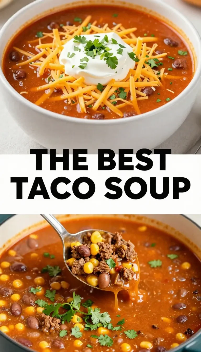 A bowl of hearty taco soup topped with shredded cheese, sour cream, and fresh cilantro.