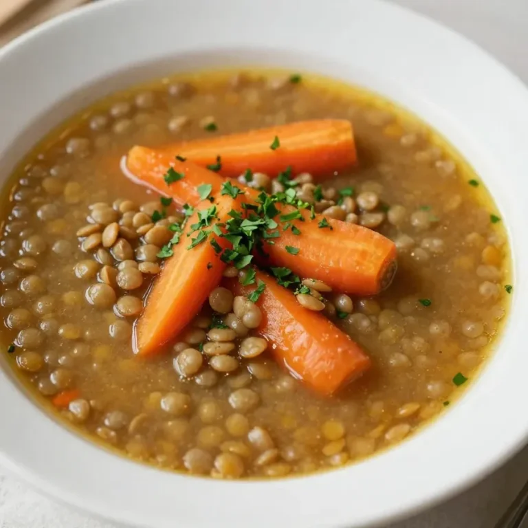 Hearty Slow Cooker Lentil Soup A bowl of hearty lentil soup garnished with fresh parsley, served on a wooden table.