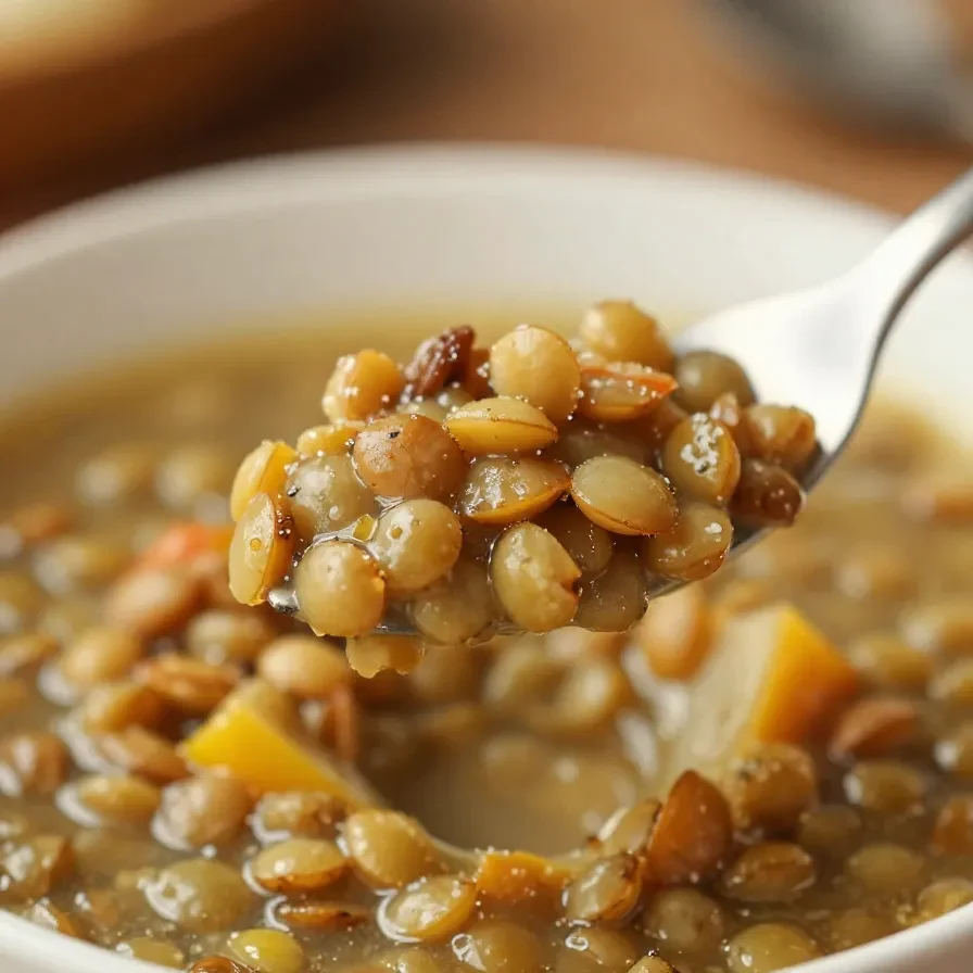 A bowl of hearty lentil soup garnished with fresh parsley, served on a wooden table.