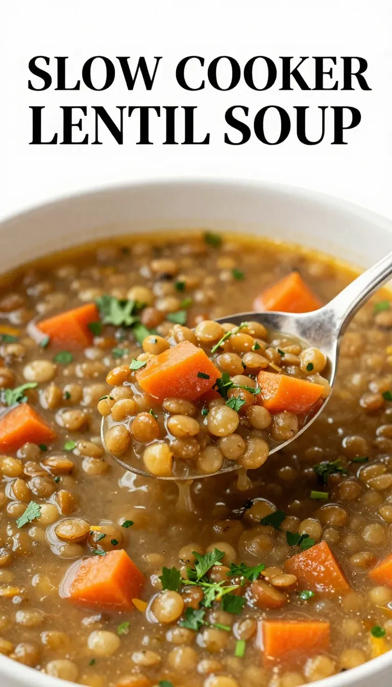 A bowl of hearty lentil soup garnished with fresh parsley, served on a wooden table.