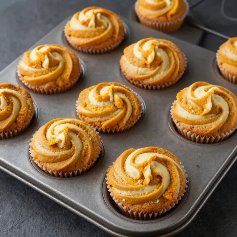 Pumpkin Cream Cheese Swirl Muffins Freshly baked pumpkin cream cheese swirl muffins on a wooden table.