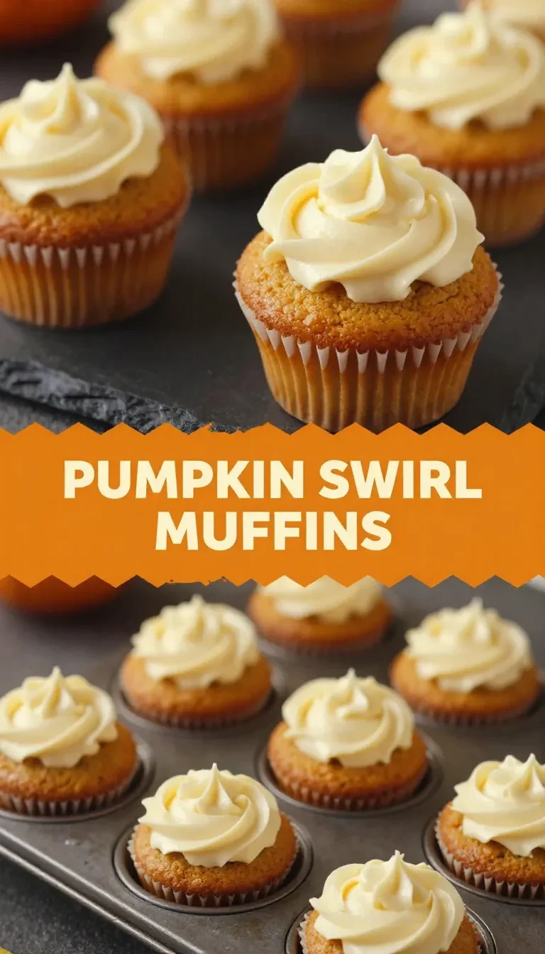Freshly baked pumpkin cream cheese swirl muffins on a wooden table.
