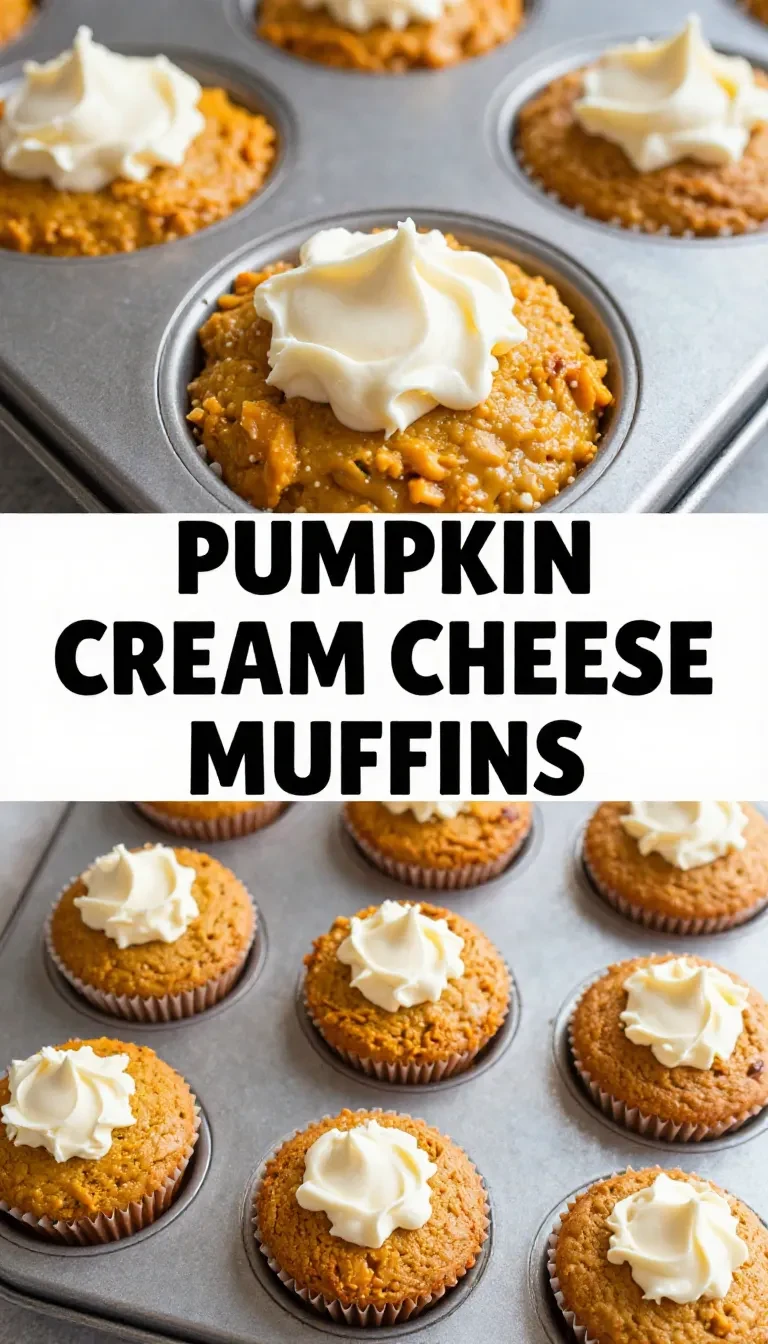 Close-up of freshly baked pumpkin cream cheese muffins on a wooden table.