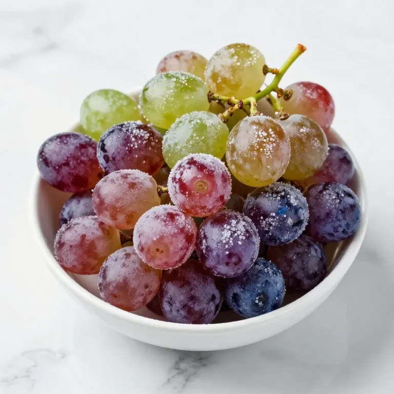 Kool-Aid Grapes A close-up of vibrant purple grapes coated with Kool-Aid powder for a sweet and tangy treat.