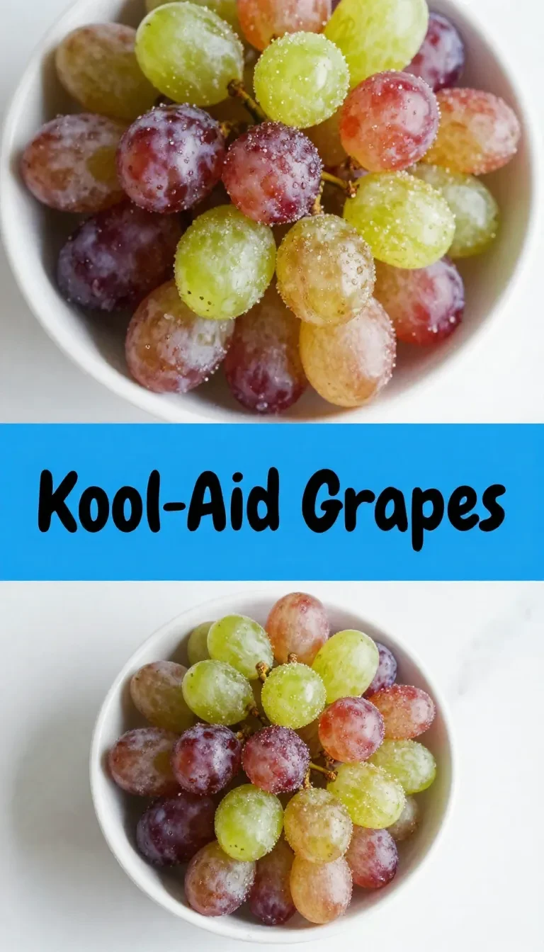 A close-up of vibrant purple grapes coated with Kool-Aid powder for a sweet and tangy treat.