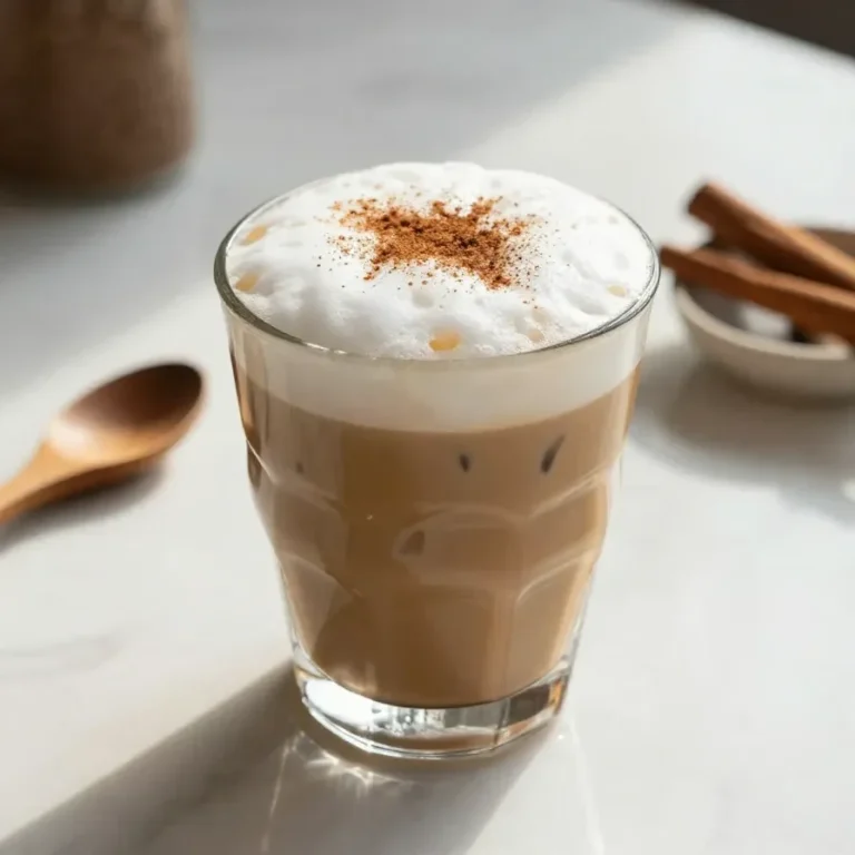 A Starbucks Iced Pumpkin Cream Chai Latte in a clear cup on a wooden table.