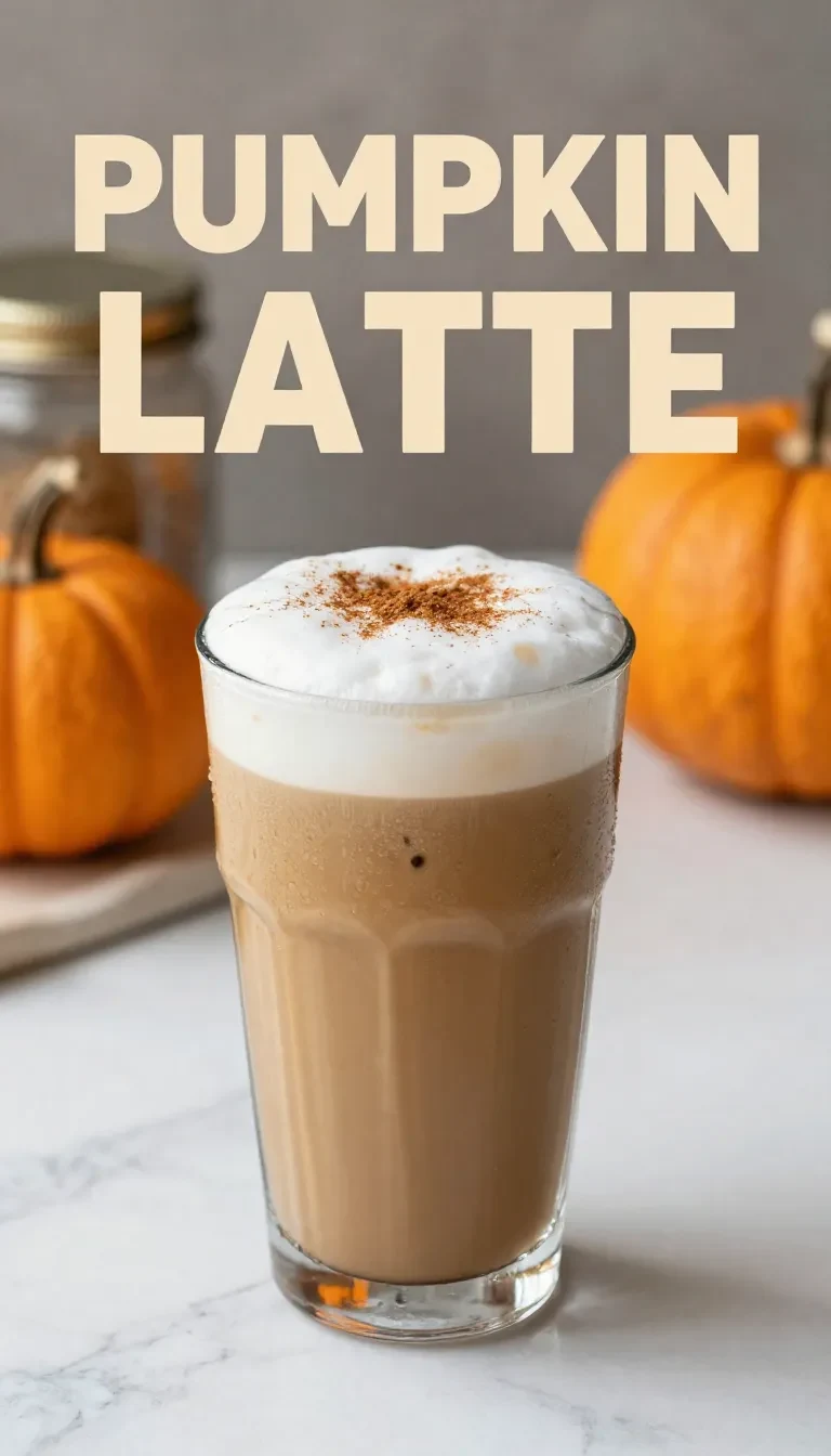 A Starbucks Iced Pumpkin Cream Chai Latte in a clear cup on a wooden table.
