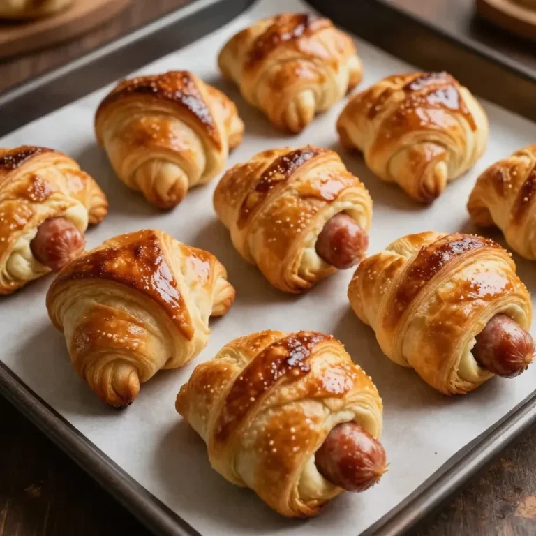 A plate of golden-brown pigs in a blanket served on a wooden table.