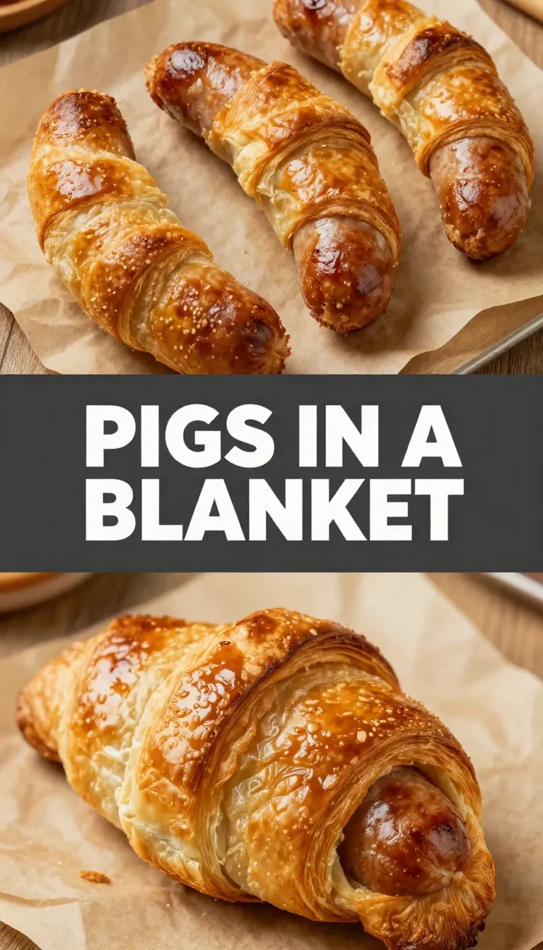 A plate of golden-brown pigs in a blanket served on a wooden table.