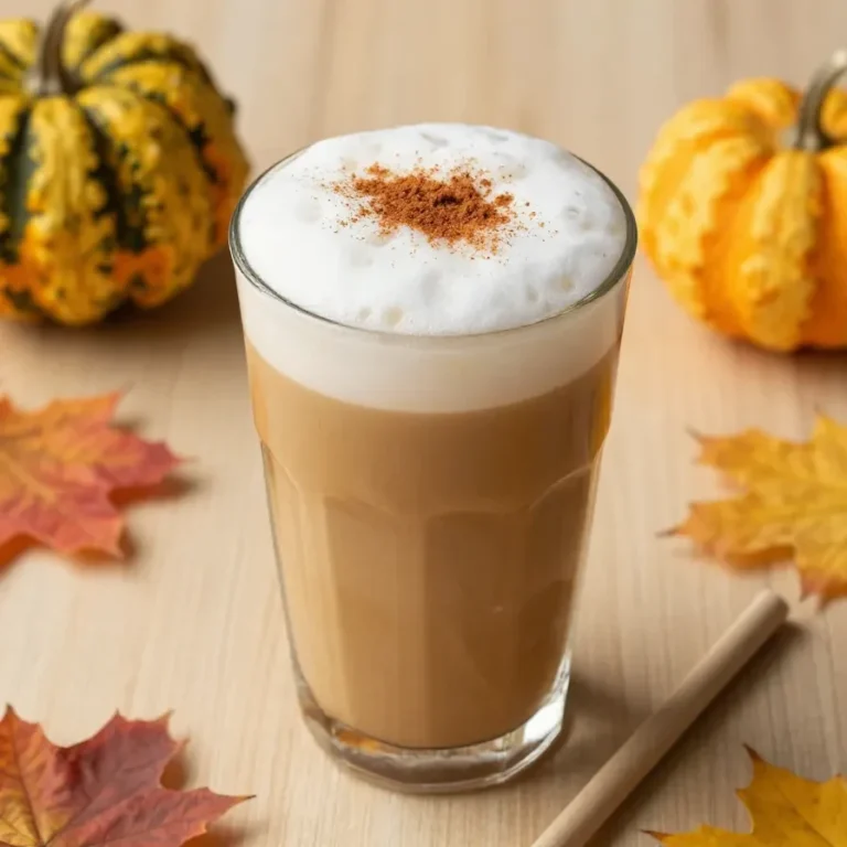 A glass of iced chai latte topped with creamy pumpkin cold foam, served on a wooden table.