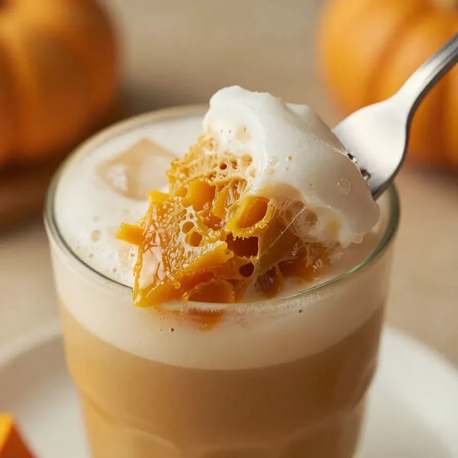 A glass of iced chai latte topped with creamy pumpkin cold foam, served on a wooden table.