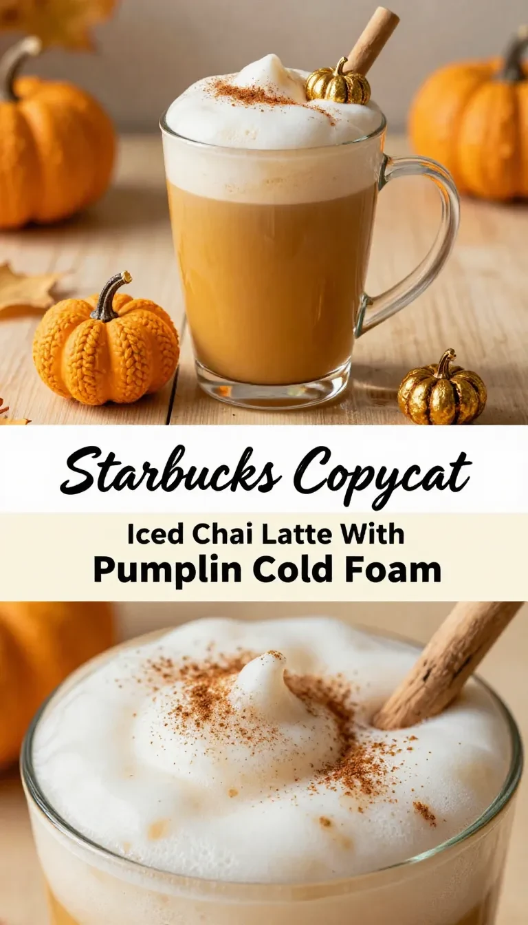 A glass of iced chai latte topped with creamy pumpkin cold foam, served on a wooden table.