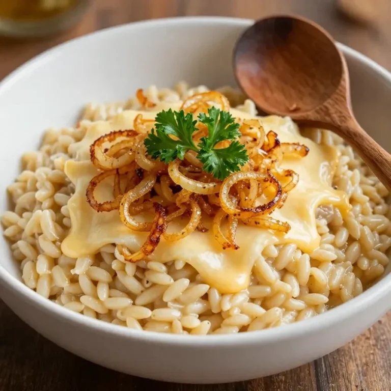 French Onion Chicken Orzo Casserole A close-up of French Onion Chicken Orzo Casserole in a baking dish topped with melted cheese and fresh herbs.