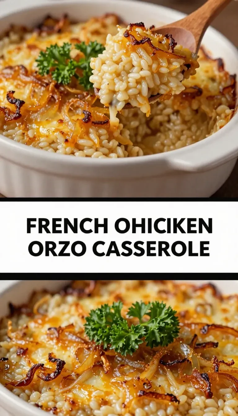 A close-up of French Onion Chicken Orzo Casserole in a baking dish topped with melted cheese and fresh herbs.