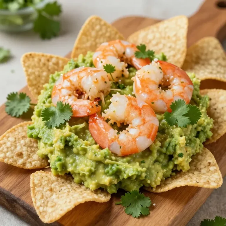 Close-up of shrimp guacamole bites served on a white platter.