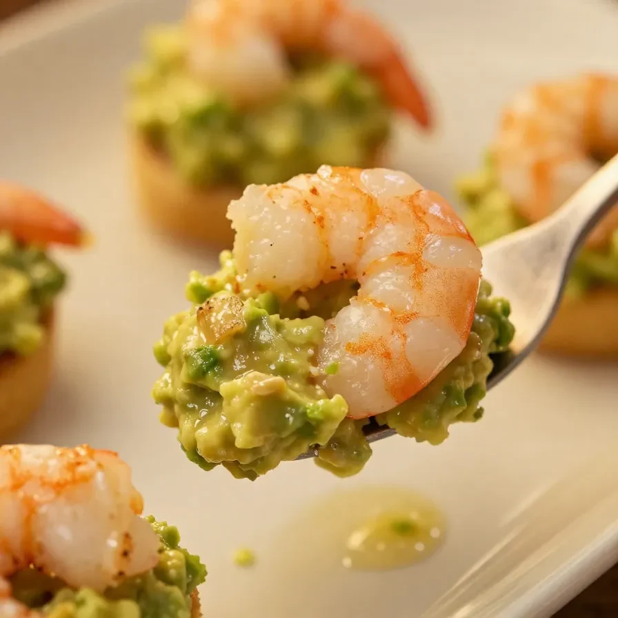 Close-up of shrimp guacamole bites served on a white platter.