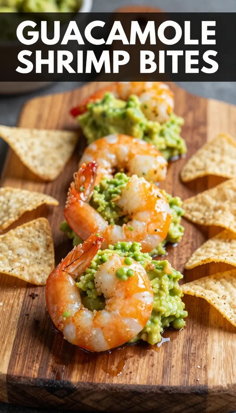 Close-up of shrimp guacamole bites served on a white platter.