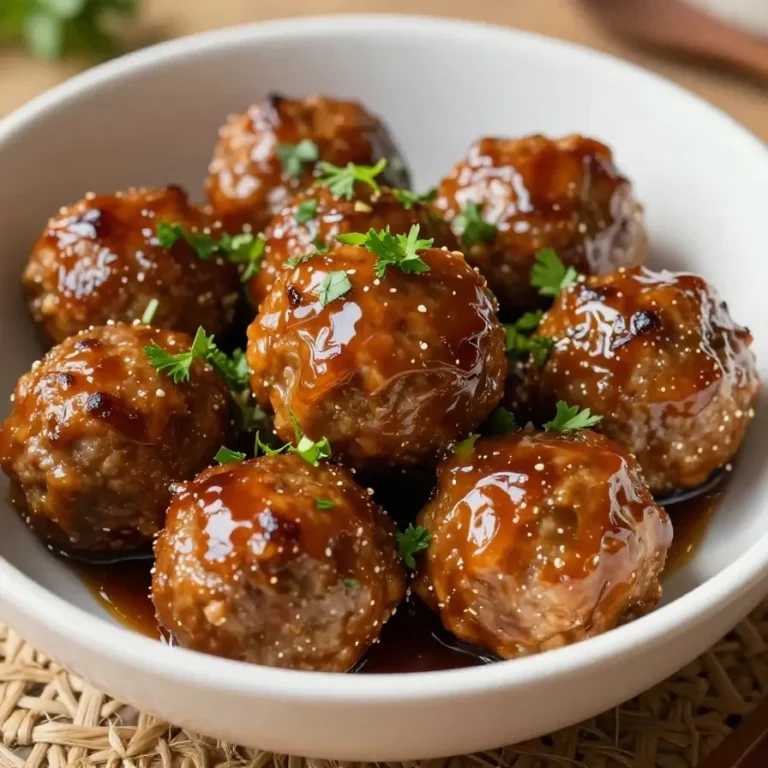 Close-up of honey BBQ meatballs served in a bowl, garnished with parsley.