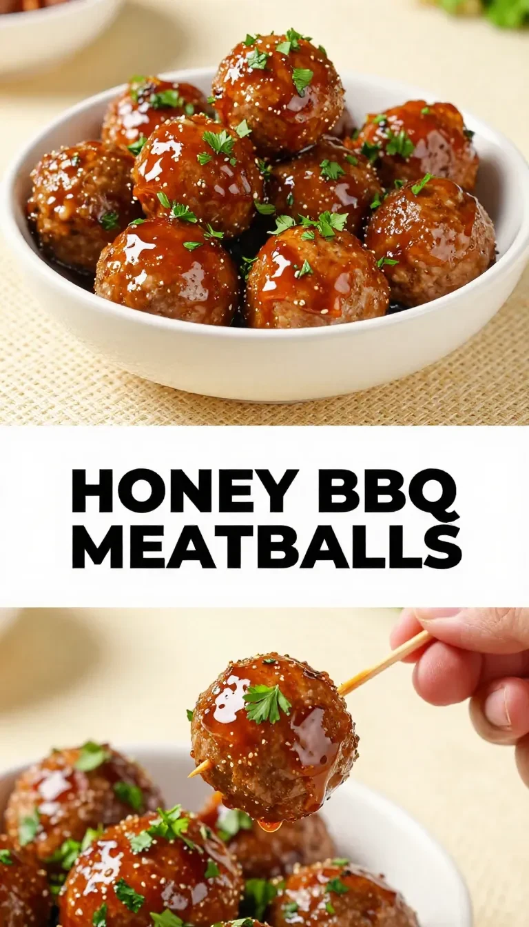 Close-up of honey BBQ meatballs served in a bowl, garnished with parsley.